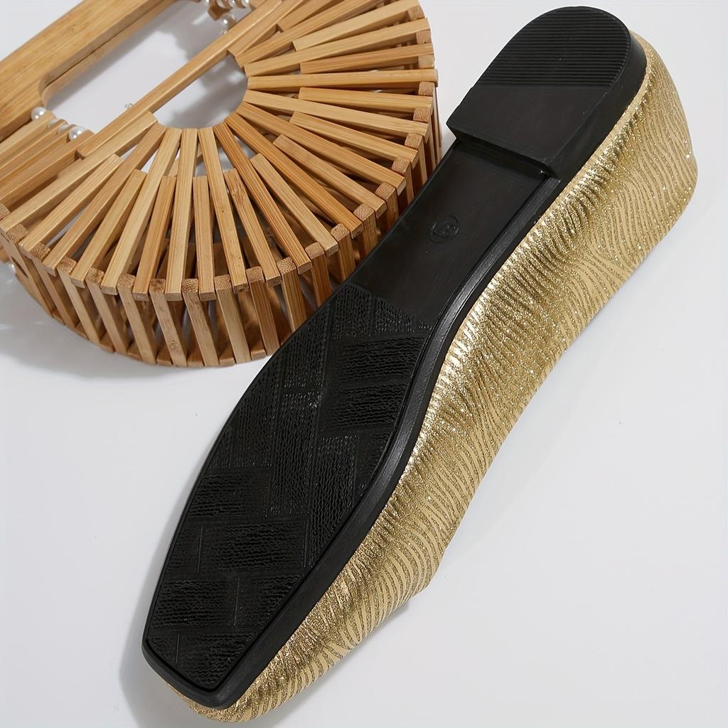 New Style Flat-Soled Low-Cut Soft-Sole Shiny Leather Metallic-Patterned Pumps Slip-On Shoes with Square Toe for Women