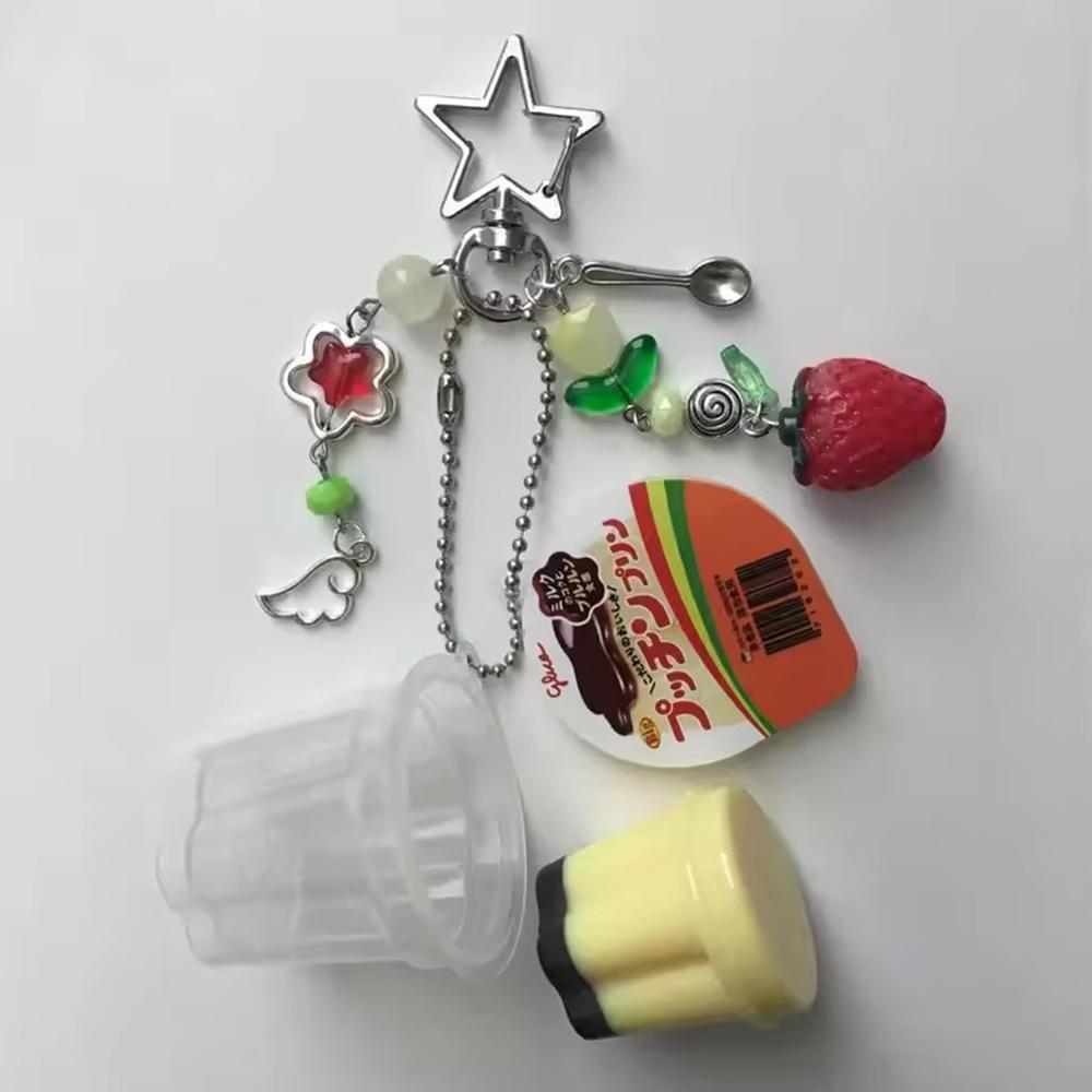 Japanese Pudding Keychain Pink Yellow Egg Flan Charm Y2K Heisei Retro Aesthetic Beaded Cosplay Accesseries