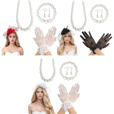 5Pcs 1920s Teas Party Accessories Set for Women Teas Party Fascinators Hats Lace Gloves Necklace Bracelet Earrings