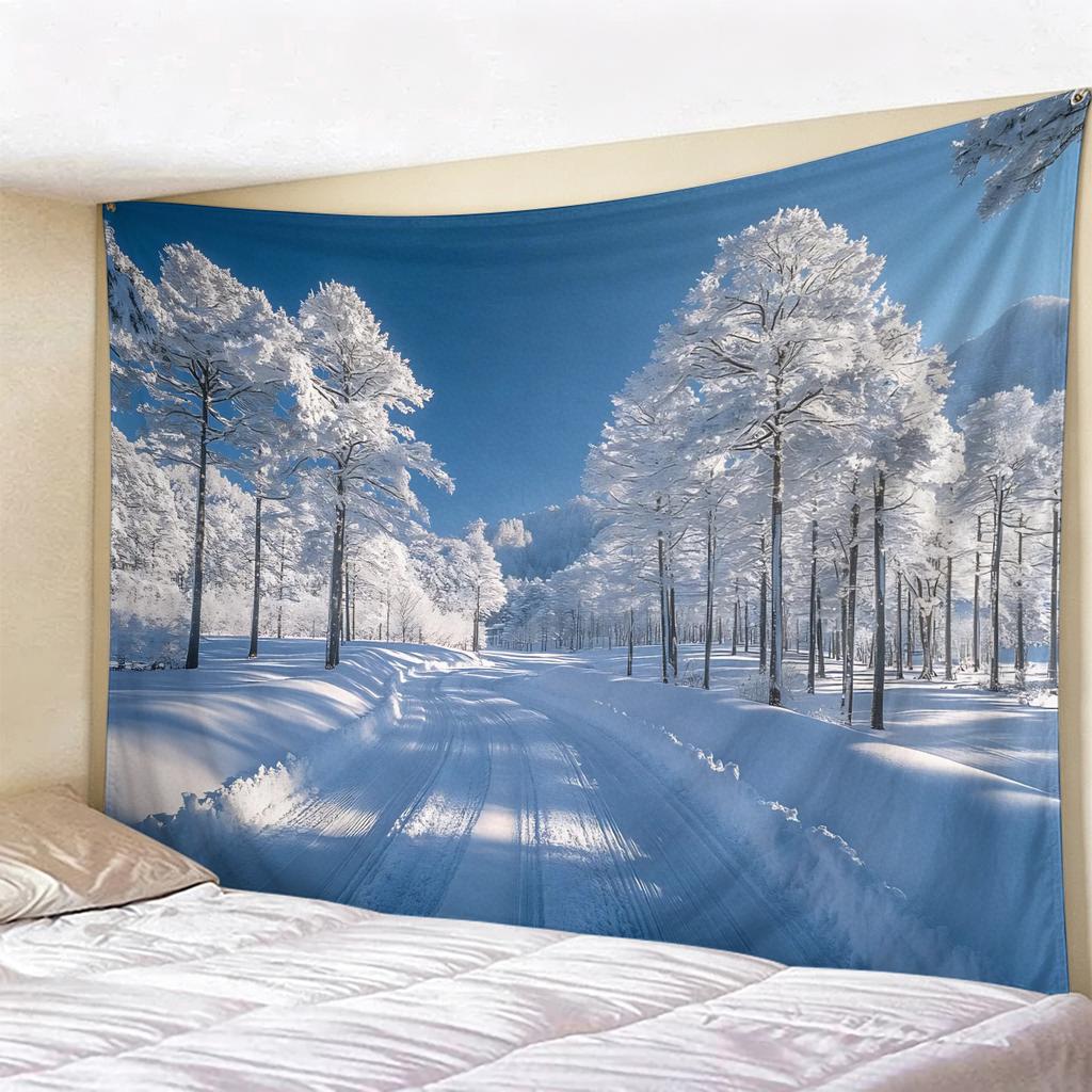 Blue Winter Forest Christmas Tapestry, Snow-Covered Pine Trees Wall Hanging, Aesthetic Holiday Backdrop for Bedroom Decor