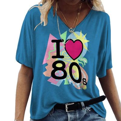 Maglietta Estiva a Maniche Corte con Scollo a V e Stampa 3d Love anni '80, Stile Harajuku