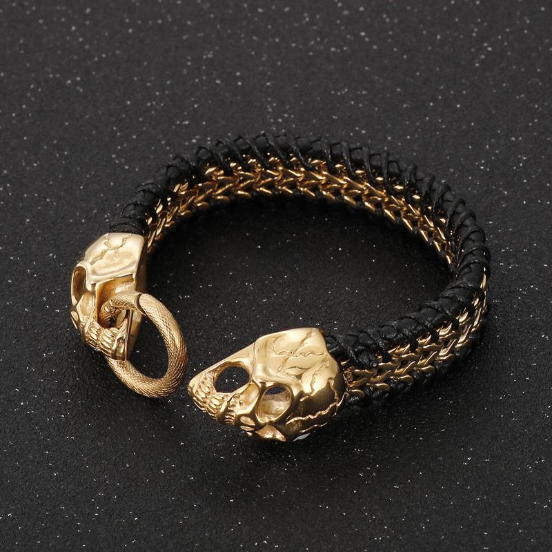 KALEN Punk Skull Fashion Jewelry Bracelets Stainless Steel Cowhide Leather Bracelet Bangle