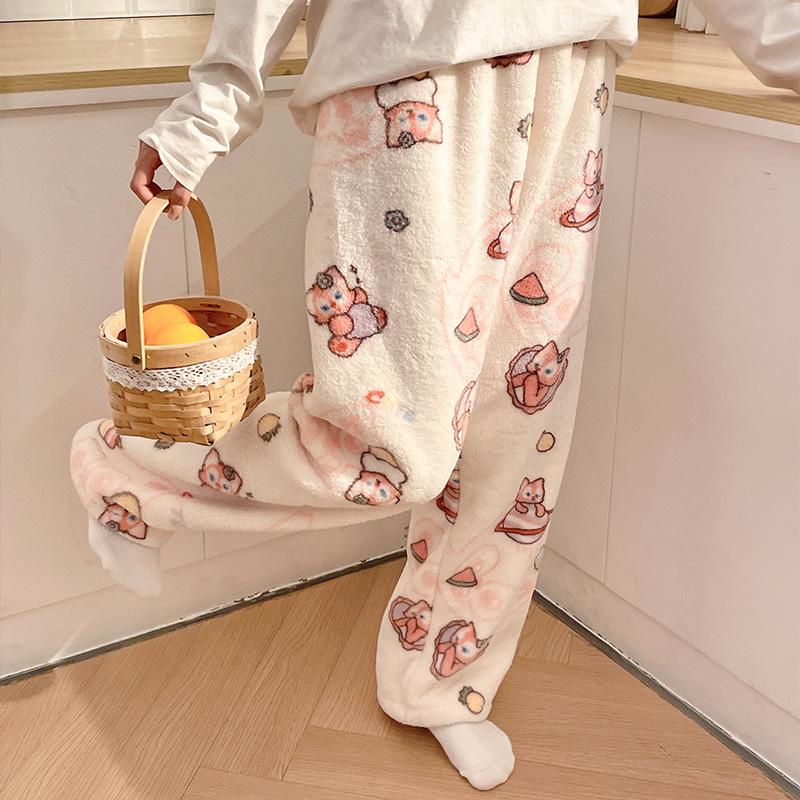 Korean Style Women's Fleece Pajama Pants - Flannel Cartoon Design for Autumn and Winter