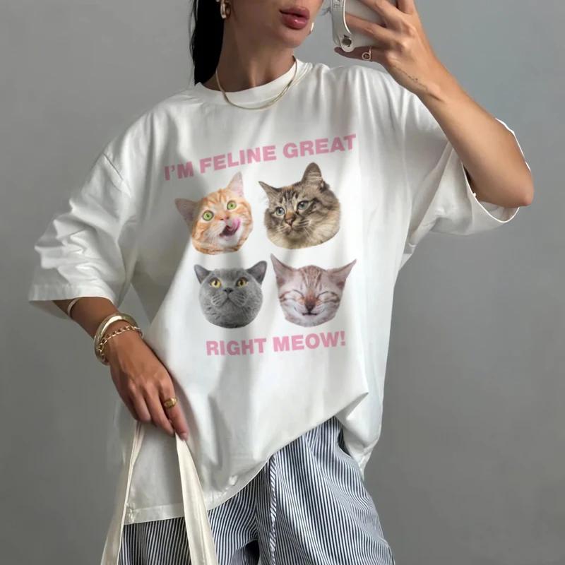 Süße Lustige Katzen T-Shirts für Damen Oversized Retro Y2k Kätzchen Grafik-T-Shirts Ästhetisch Katzenliebhaber Streetwear T-Shirt FeUnisex Kleidung