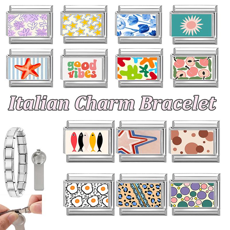 Wholesale Sweet Strawberry Flowers Star Fish Y2K Italian Charm Links 9mm Bracelets Bangle Stainless Steel DIY Making Jewelry