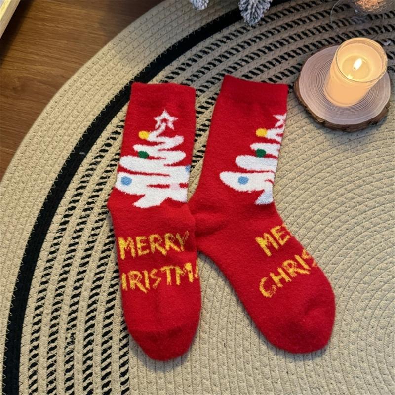 Coral Fleece Floor Crew Socks Christmas Pattern Winter Thermal Warm Fuzzy for Women Men Winter Indoor Slipper Hosiery