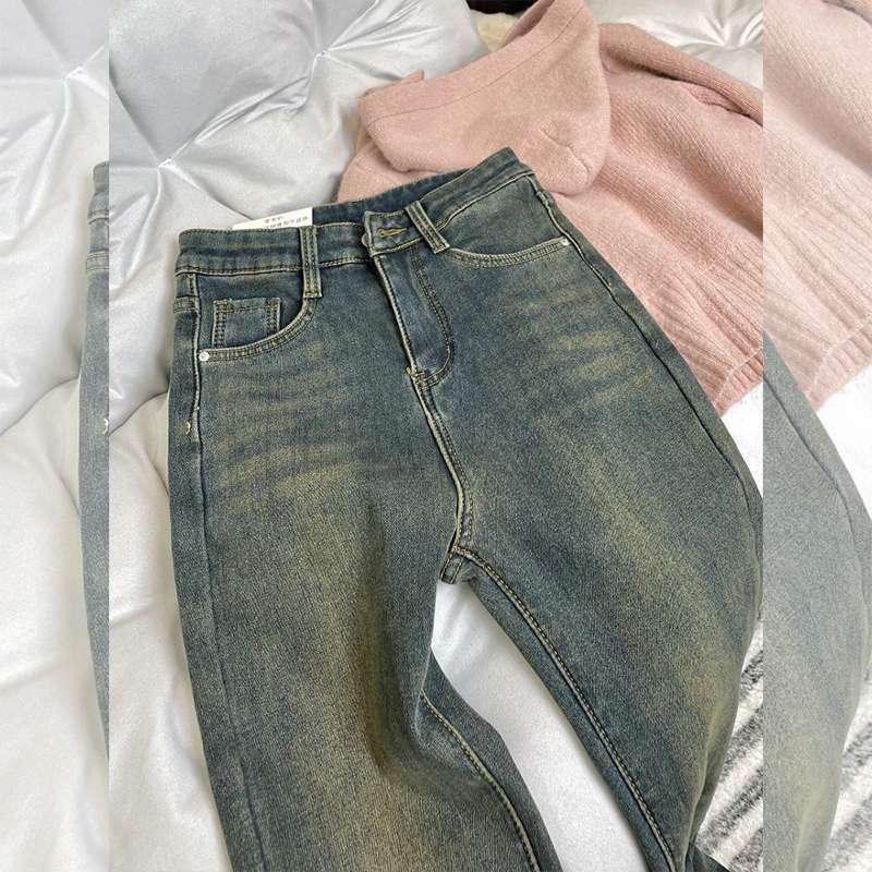 2026 Retro Blue Velvet High-Waisted Slim Micro Flare Jeans for Women - Winter Fashion