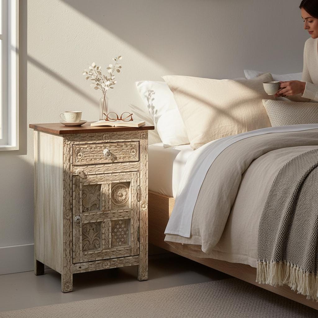 Wood Carved Side Cabinet Bedside Storage With Desk Drawer,Living Room End Table Furniture-Sideboard Drawer-Wood Cupboard Nightstand