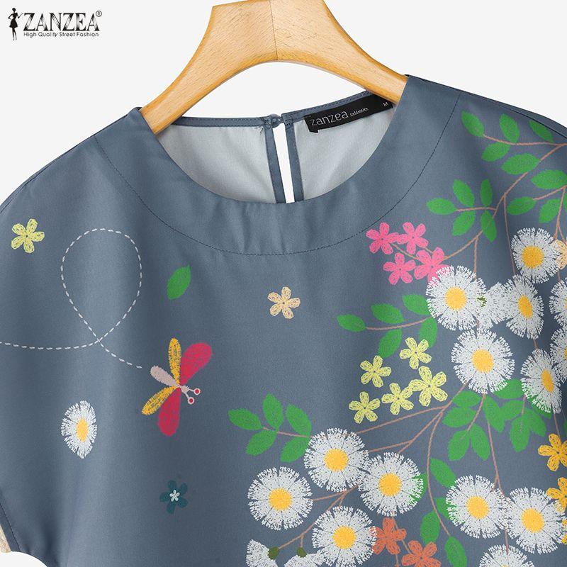 ZANZEA Blusa feminina casual de verão com decote redondo e manga curta floral