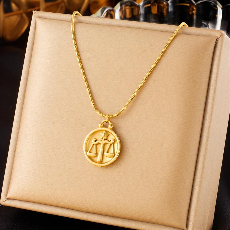 Retro New Round Double Sided Wearing 12 Constellation Pendant Titanium Steel Necklace Jewelry