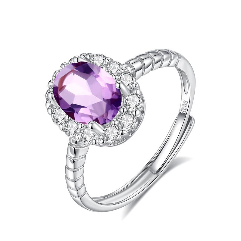 S925 Silver Oval Gemstone Ring, Adjustable Cubic Zirconia Women's Fashion Jewelry