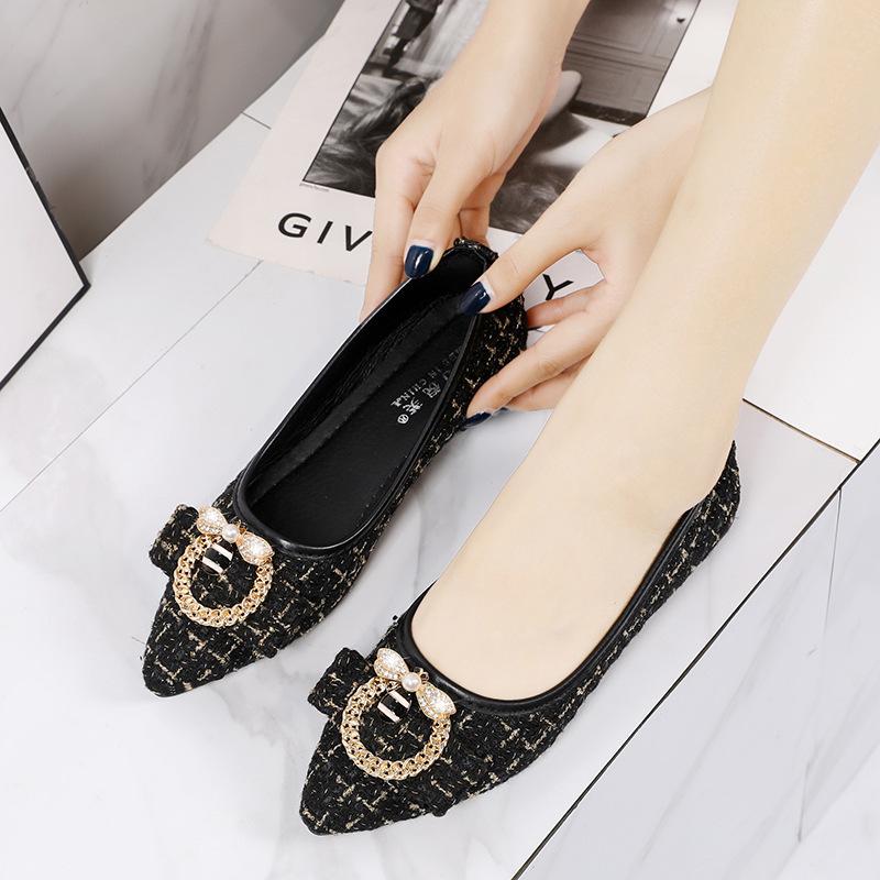 2025 Spring New Korean Version Flat Shoes Pointed Head Shallow Mouth Pearl Round Buckle Single Shoes Plaid Women's Shoes