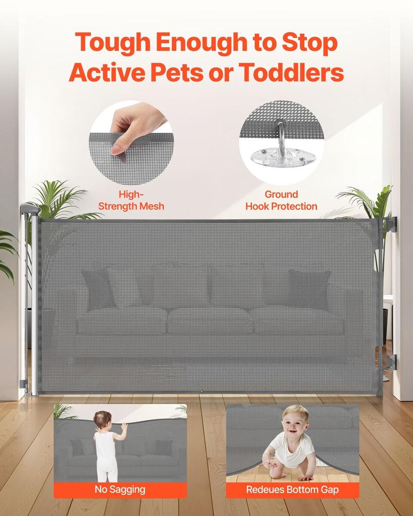 Retractable Baby Gate, Extends to 1430 mm Wide, 795 mm Tall, with Security Lock, Easy to Use, Walk Through Without Tripping, Mesh Dog Gate for Stairs,