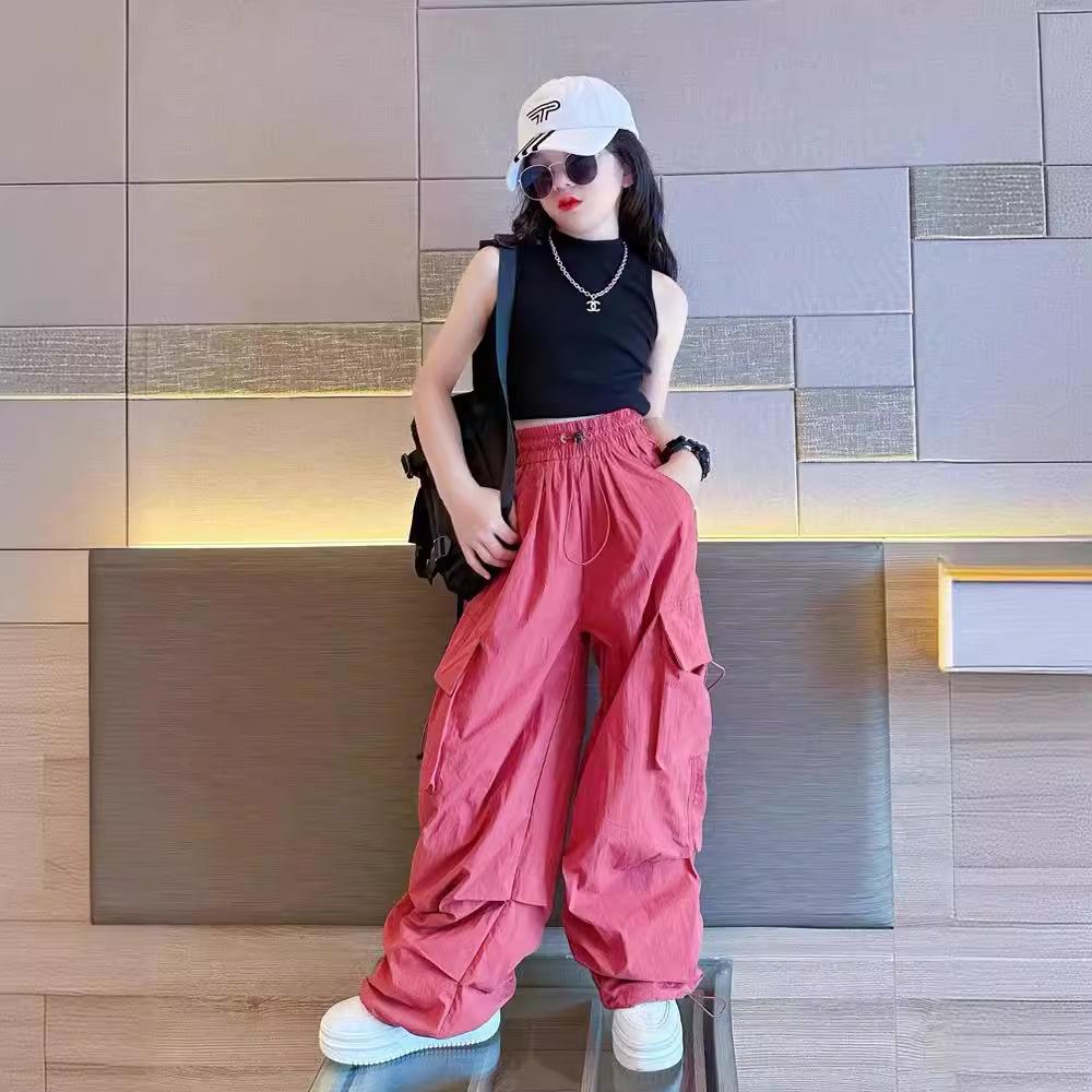 Summer Girls'  Hip Hop Joggers Pants Girls Cargo Pants Teenage Straight Trousers High Waist Vintage Casual Streetwear Baggy Pants