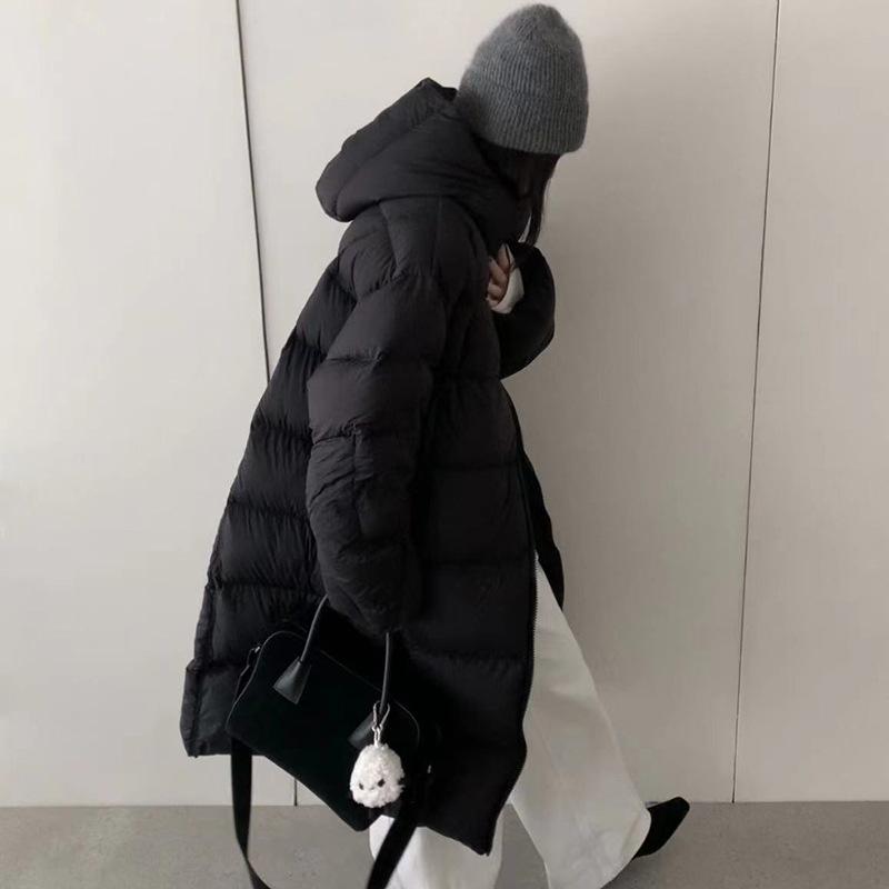 

Жіночий пуховик великого розміру з капюшоном преміум-класу 2025 зимовий потовщений вільний до коліна пух білої качки парний куртка-хліб тренд One Size чорний