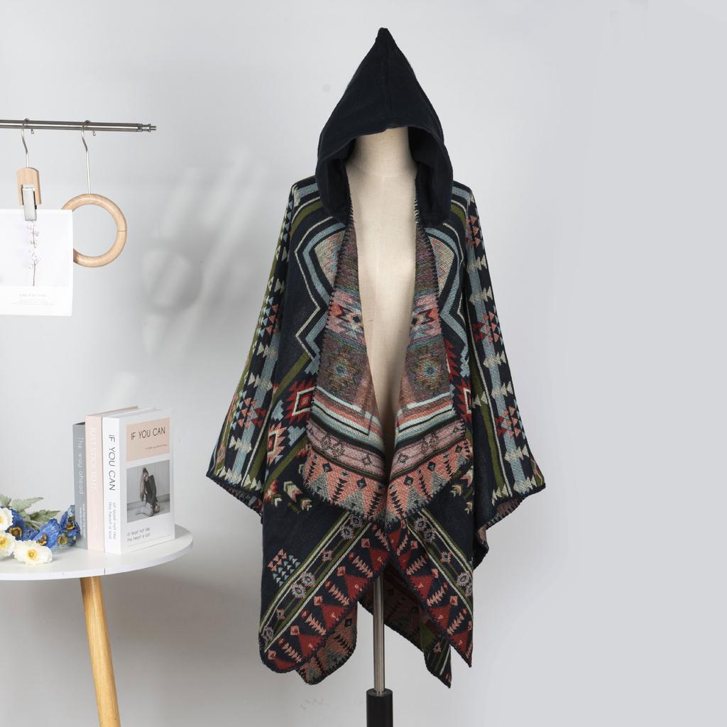 Geometric Double-Sided Knitted Cloak Blue Travel Exterior With High-End Large Cloak Women'S Air-Conditioned Room Thermal Cloak