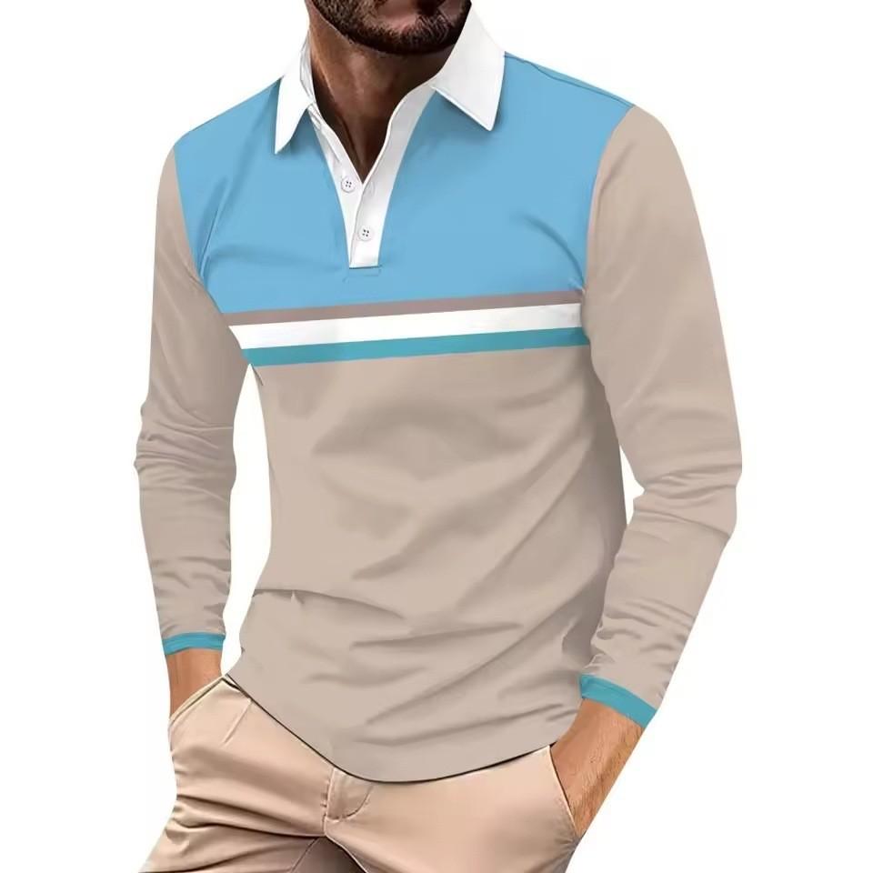 Men's Black‑White Striped Long Sleeve Polo Shirt Lapel Button Casual Slim Fit Daily Tops for Men