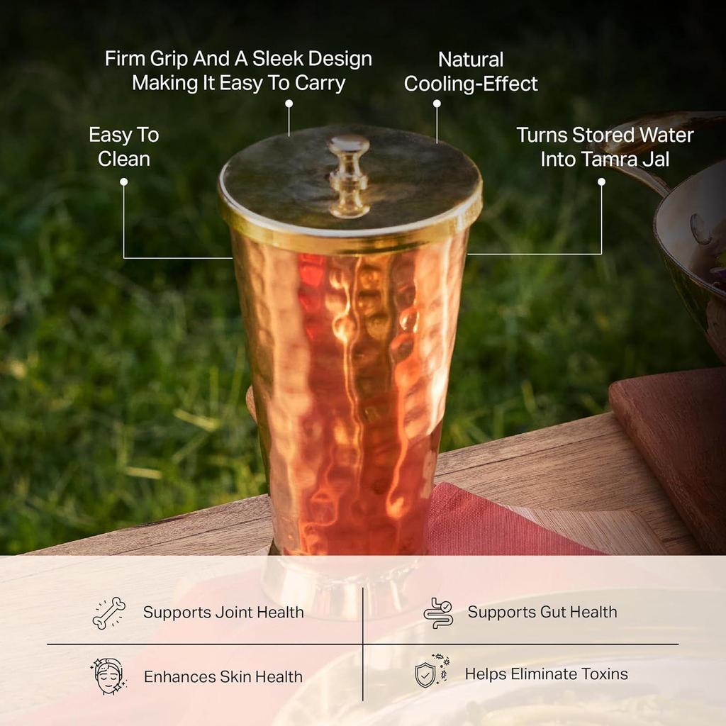 Tumbler with Lid Serving Copper Glass with Brass Lid Tamba Glass with Ayurvedic Health Benefits Ptal Brass and Copper Utensils (600 Ml Tumbler Glass)