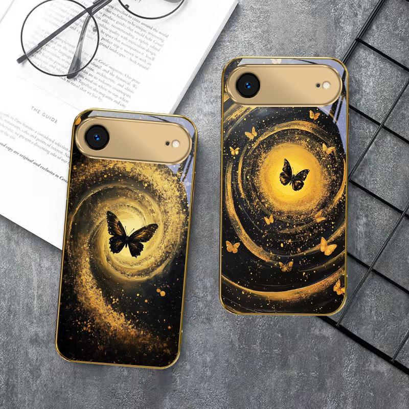 Vortex Black Butterfly For IPhone 17Pro Max 16 17 Pro 15 Pro 14 13 Plus 12 Mini 11Pro Max XR 16E 17 Air Golden Glass Phone Case