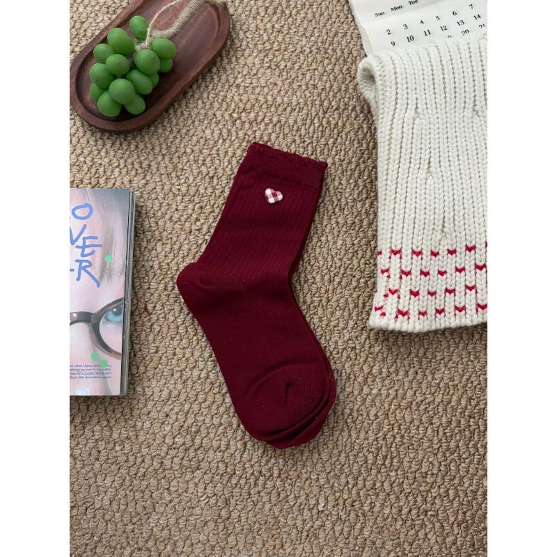 Lady Spring and Autumn Vintage Love Cherry Embroidery Bow Wooden Ear Edge Boneless In Tube Pile Socks