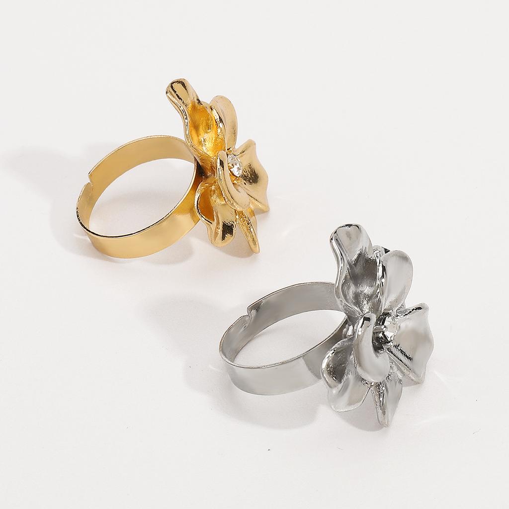 Women French Minimalist Design Metal Flower Stud Earrings Elegant Double Layer Flower Rhinestone Necklace Ring Jewelry