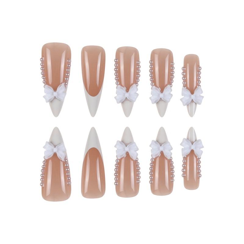 24 Stuks Franse Witte Strik Tip Press-On Nagels Vrouwen Lange Puntige Acryl Nagels Kunst Zoete Edgy Stijl