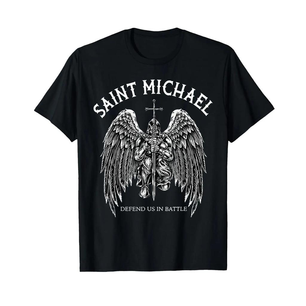 Saint Michael Defend Us In Battle T Shirt Vintage Streetwear Top For Everyday Wear Fashion Versatile Comfortable
