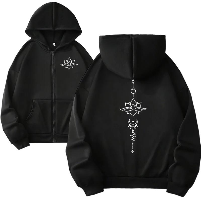 Lotus Symbol Prin Hoodie für Damen Hochwertiger Kapuzenpullover mit langen Ärmeln und Reißverschluss Damen Urbaner Lässiger Mode-Mantel