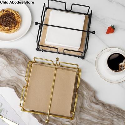 Square Design Napkin Holder Nordic Style with Wooden Base Paper Napkin Organizer Reusable Modern Vintage Flat Napkin Dispenser