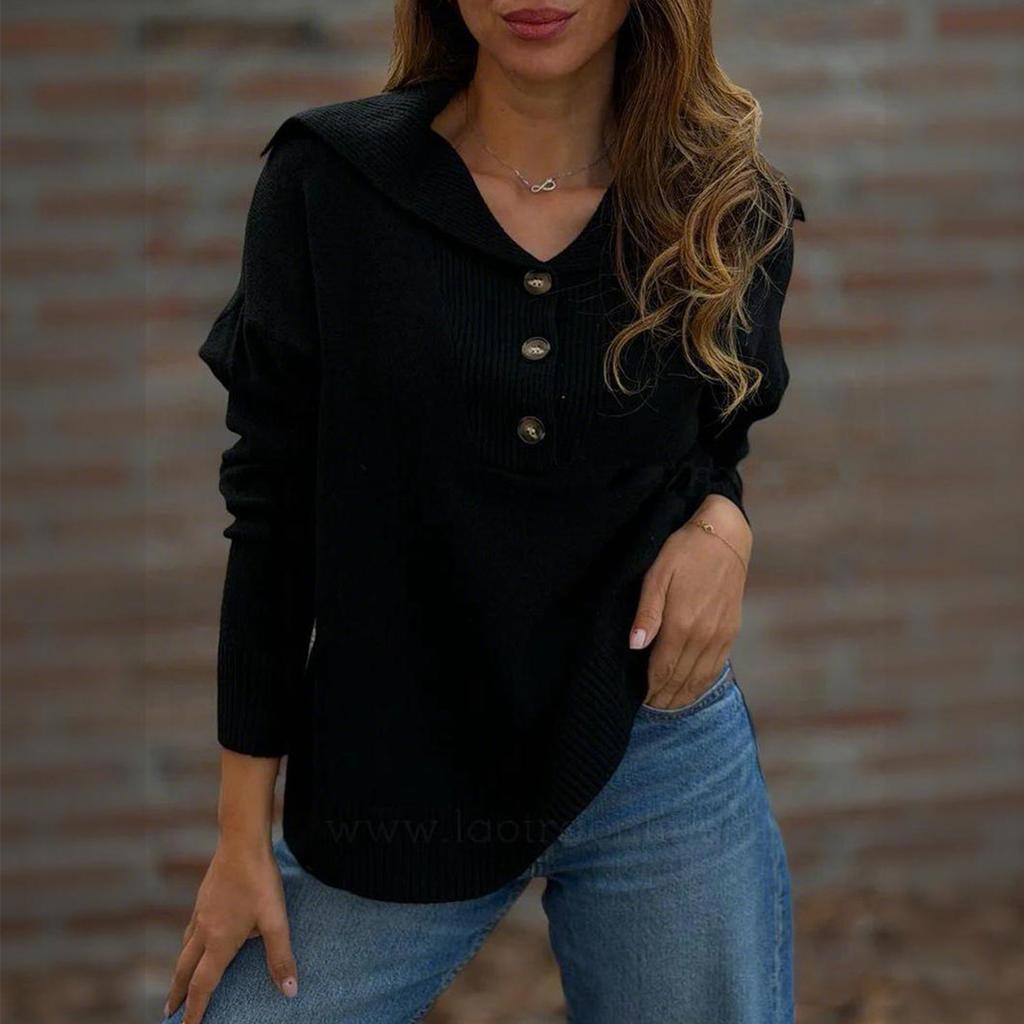 Women's Long Sleeve Sweater with Button Down Collar Loose Fit Color Casual Pullover