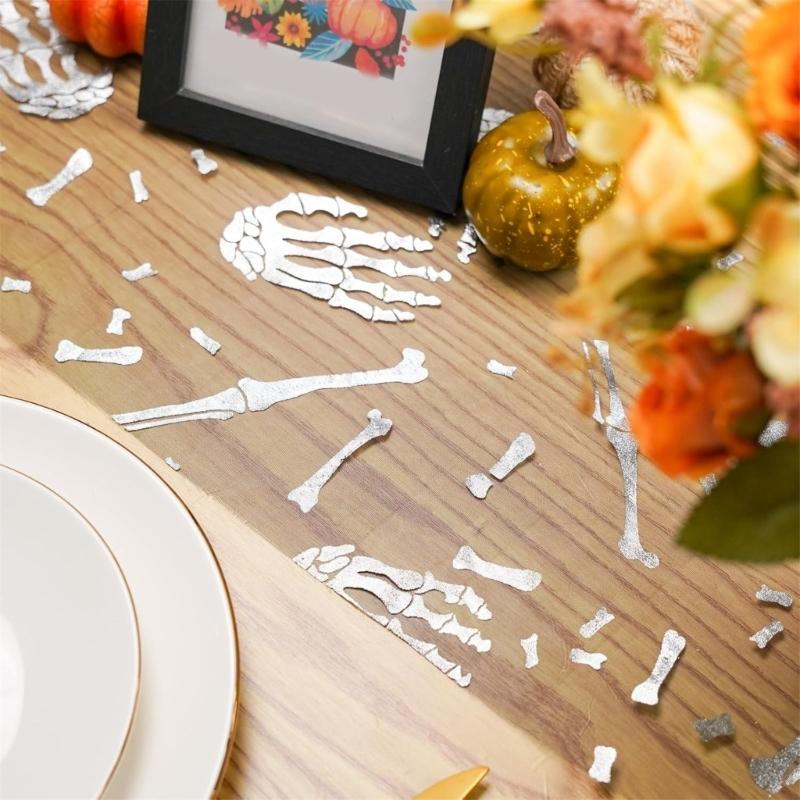 Halloween Skeleton Print Table Runner Shimmering Decoration Wrinkle Resistant Mesh Tablecloth for Dinner Party Setups