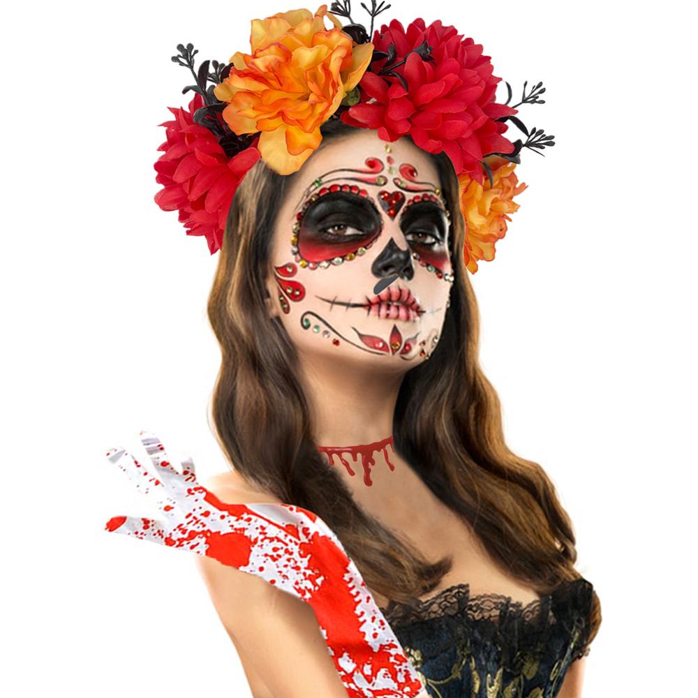 4-Piece Set Halloween Party Costume Rose Flower Headband Novelty Horror Necklace Gloves  for Women