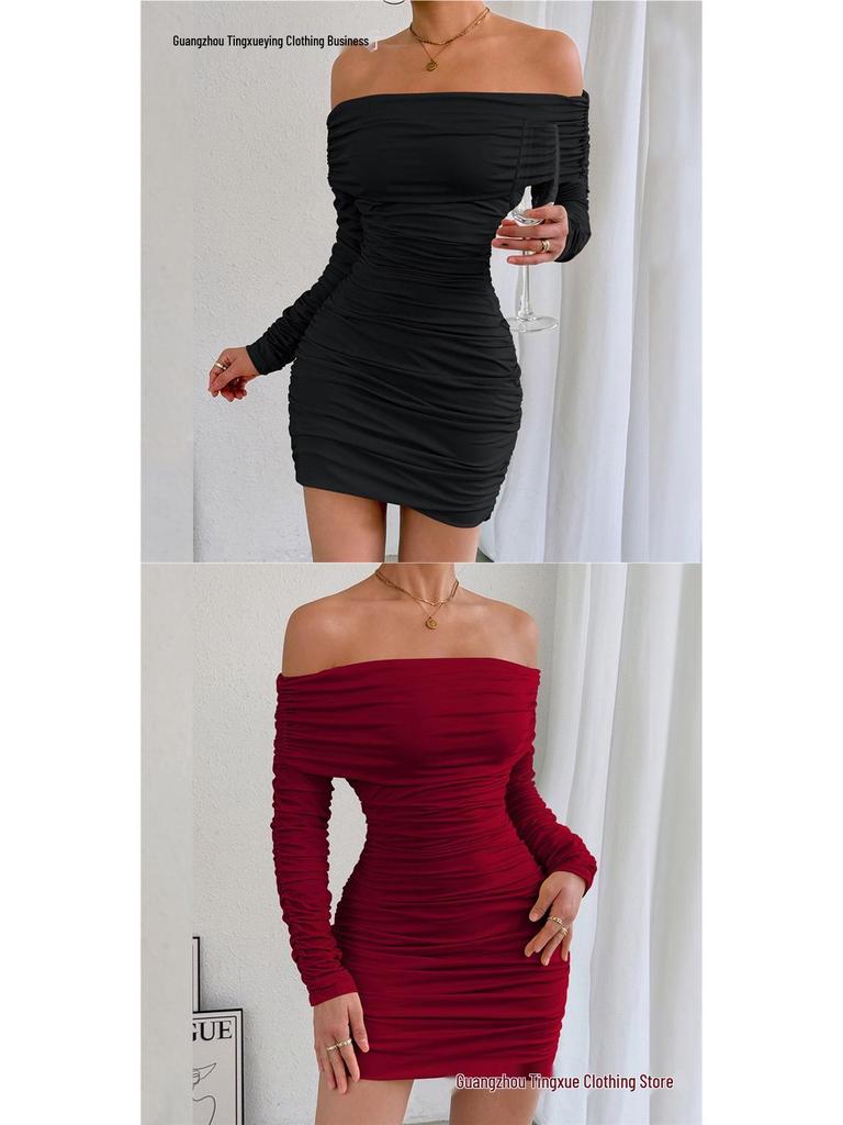 Autumn/Winter One-Shoulder Long Sleeve Pleated Slim-fit Dress for Women