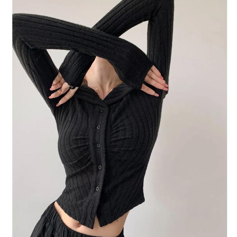Korean New Knit Cardigan Women Y2k Clothes V Lapel Long Sleeve Knitted Jumper Collar Sweater Coat Vintage Slim Cardigan