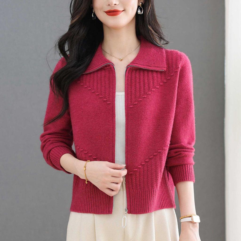 Damen Schlankmachende Mode Revers Reißverschluss Strickjacke Jacke, Kurzer Langarm Pullover Mantel für Herbst/Winter 2025