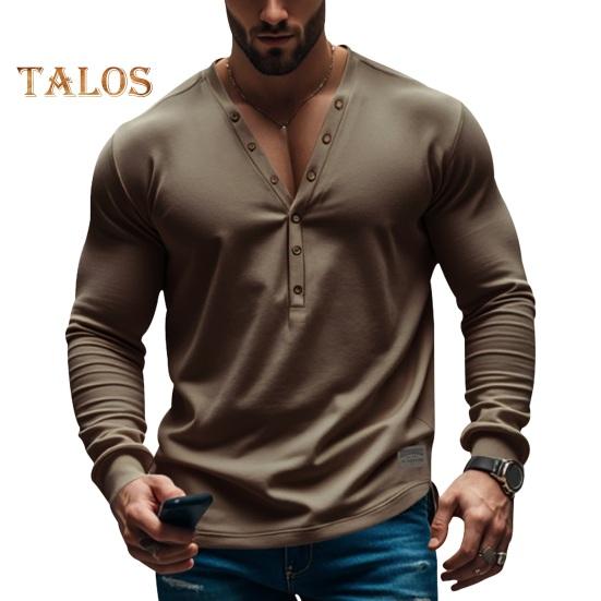 

Мужской топ весна-осень с декором на пуговицах, V-образным вырезом, длинными рукавами, однотонный пуловер, футболка, эластичный облегающий спортивный топ для фитнеса XL коричневый