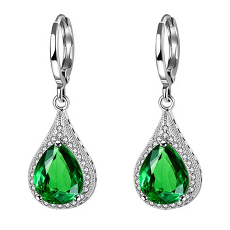 

HuiSept Classic Earrings 925 Silver Jewelry Water Drop Shaped Sapphire Emerald Ruby Gemstones Earring for Female Wedding Party зелений