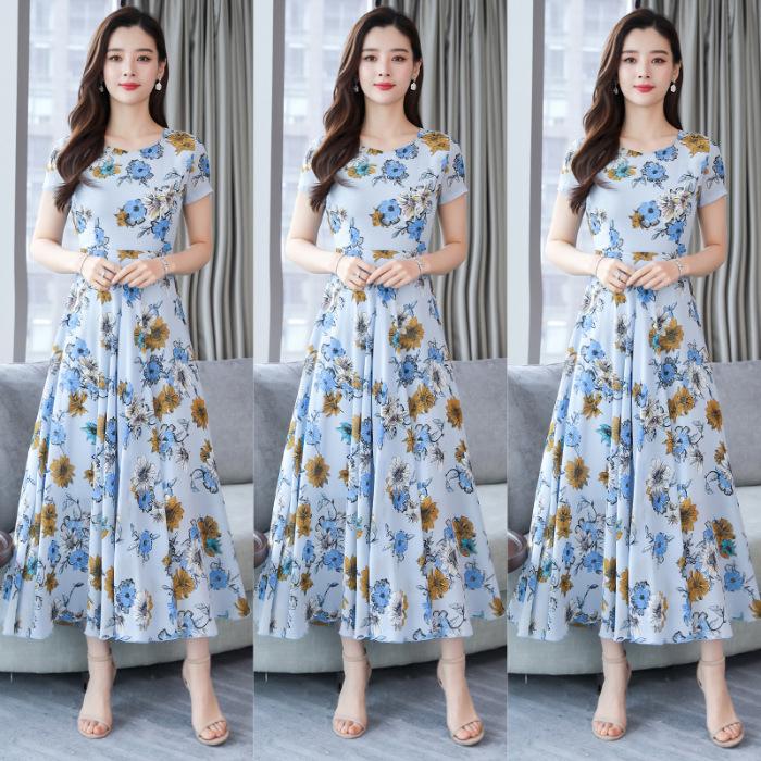 Broken Flowers Swing Over the Knee and Look Thin, Super Fairy Popular Long Dress, New Round Neck Short-sleeved Thin Women's Long Dress