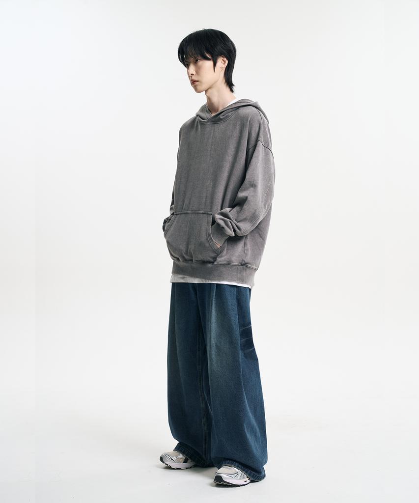 Mubeun Vintage Double-Pleat Wide Curved Denim Pants Washed Deep Blue