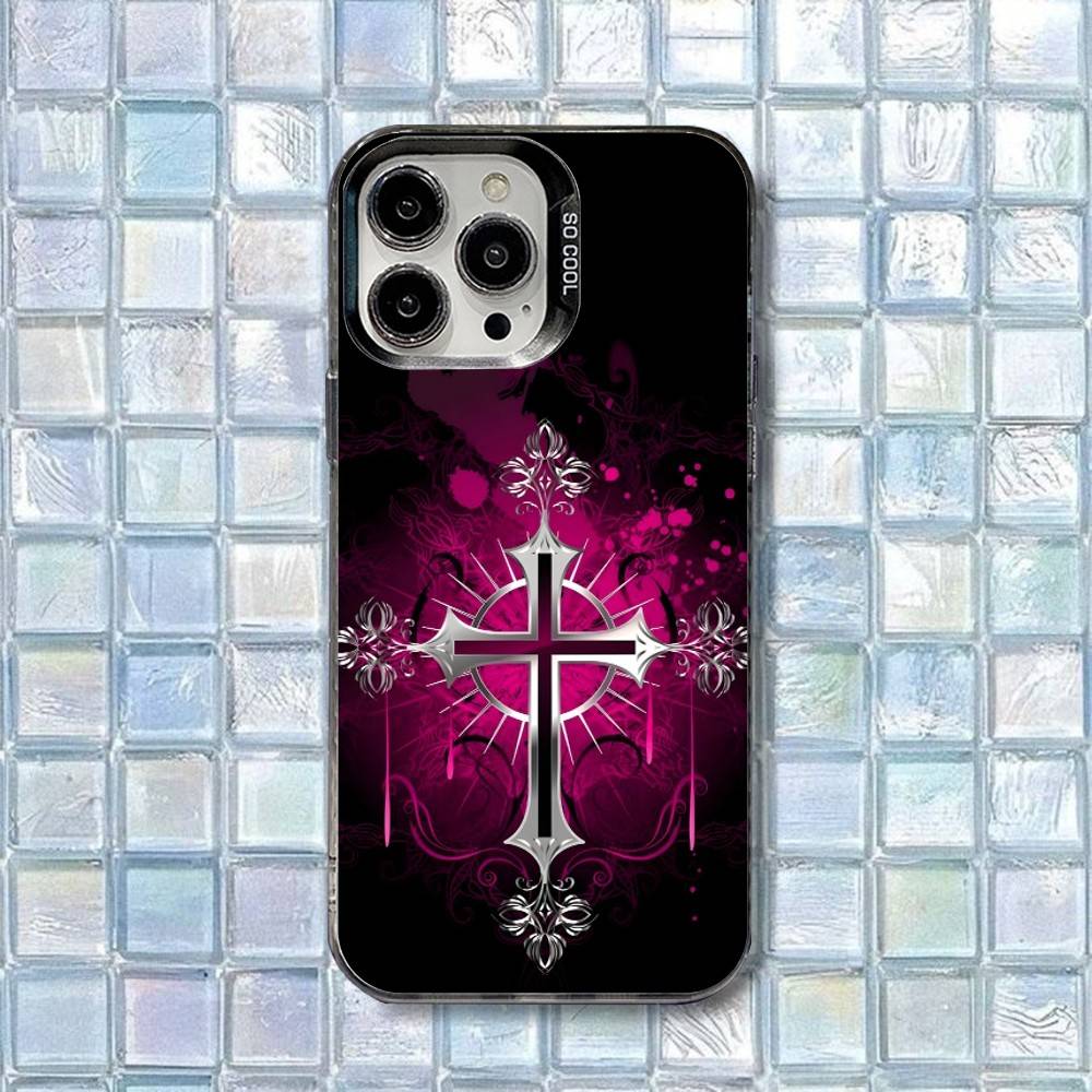 

Ins Retro Red Cross Art Phone Case For iPhone 17,16,15,14,13,12,11,Air,X,XR,Pro,Max,Plus IMD Silver Shell iPhone14
