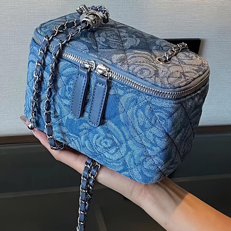 Denim Crossbody Bag Design Sense Women Fashion Plaid Small Square Bag Bucket Bag, Adjustable Chain Crossbody Square Bag Shoulder Bagall Flap Bag