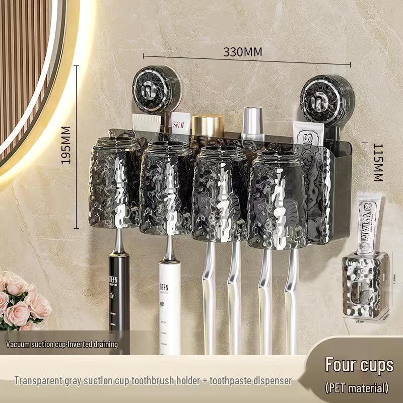 Wall-Mounted Suction Cup Toothbrush & Toothpaste Holder Set with Tooth Squeezer and Cup for Family Bathrooms