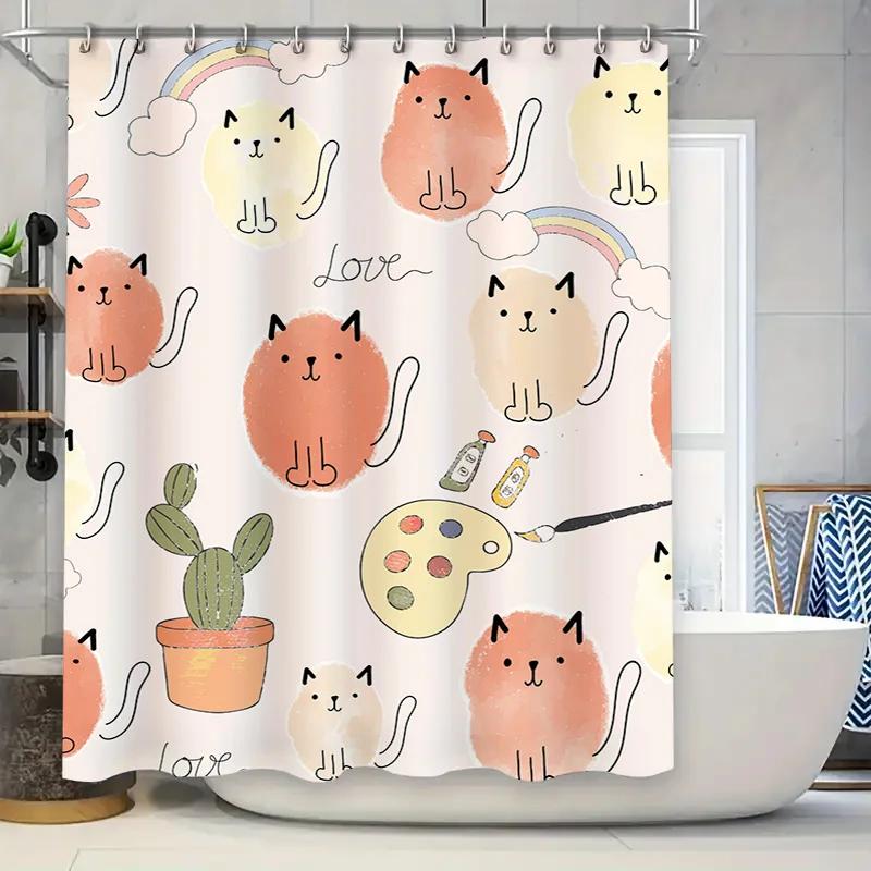 

Adorable Kitty Shower Curtain Decorative Waterproof Bath Decoration Cream Color With Cats Drawings, Cactus Pots Paint Palette Pi W60H190(CM)-1 Pcs