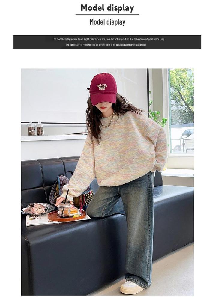 Girls' Stylish Round Neck Sweater & Jeans Set - 2024 Spring/Autumn Collection, Medium & Large Children's Two-Piece Outfit