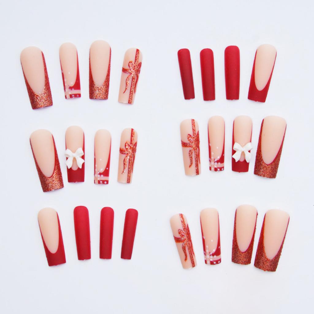 French-Bow Nail Tips 24 Pieces Red Matte Finish Wearable Nails For Christmas And Party