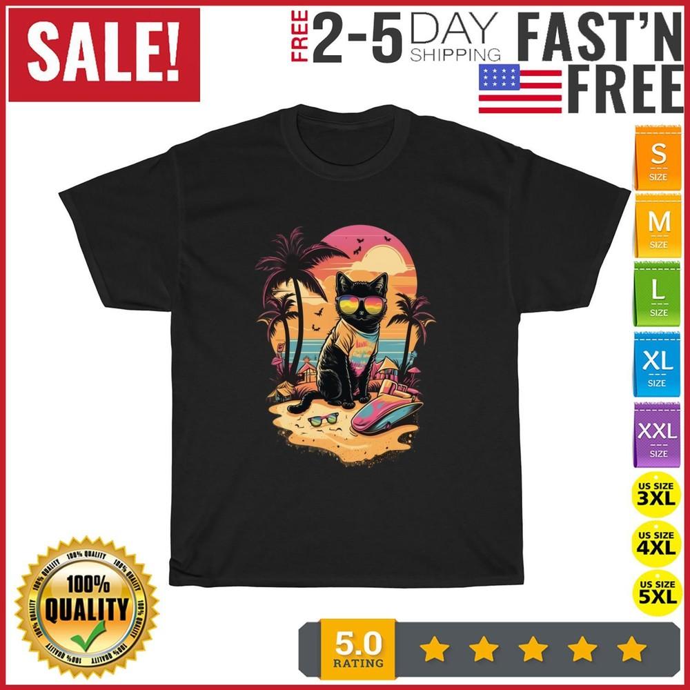 Stylish Cat In Beach Clothes Vintage T Shirt Men Fashion 2023 Women T Shirt NEW