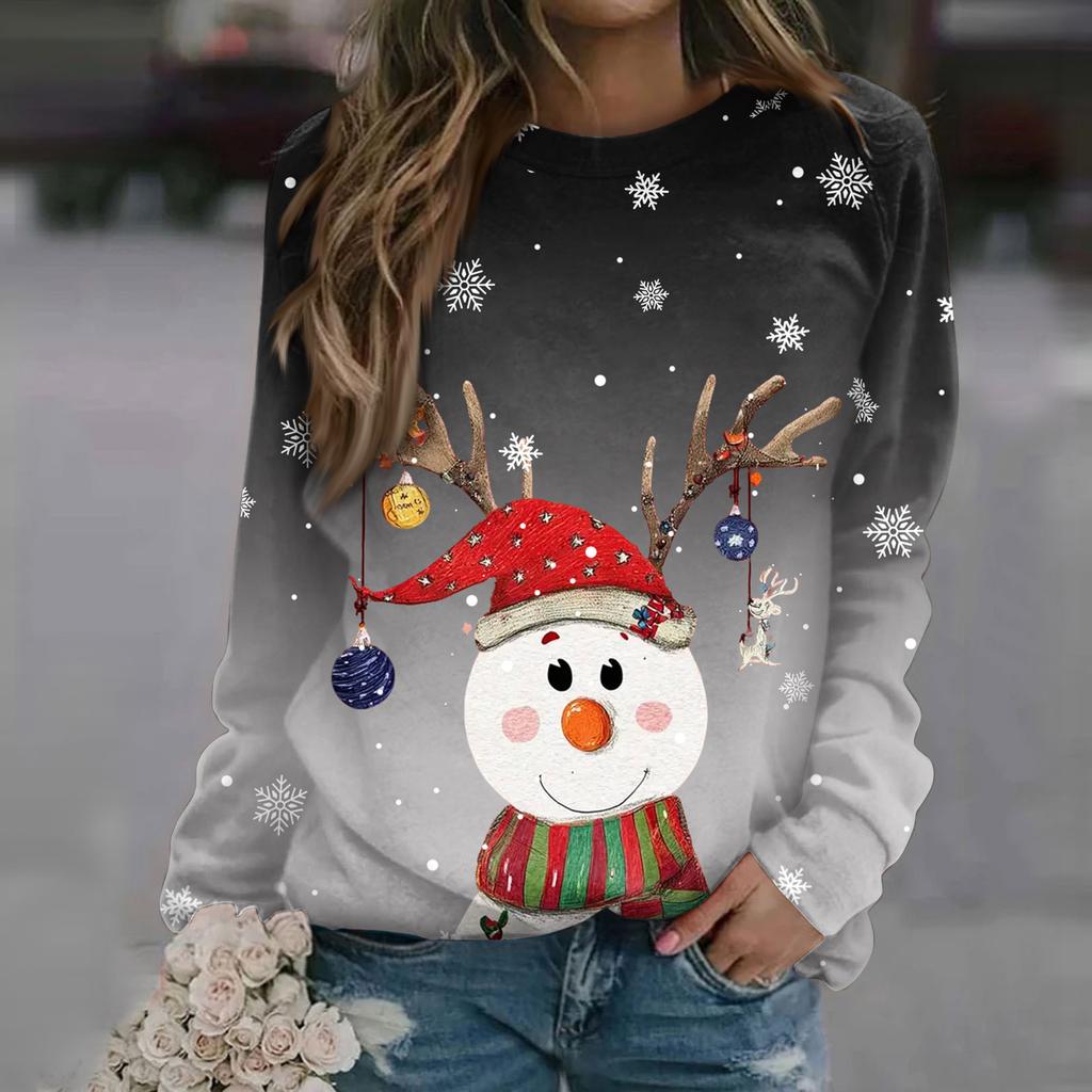 Women's Fashion Casual Long Sleeve Christmas Printed Neck Sweatshirt Top