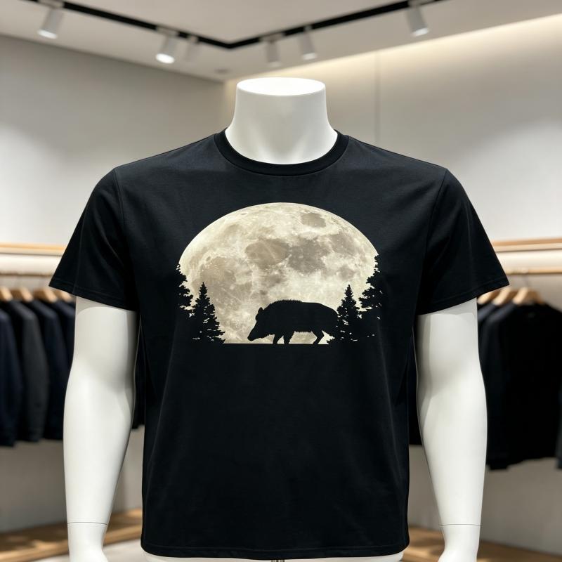 Unisexs Black Hunter Tshirt with Wild Boar and Moon Design A Casual Tshirt Suitable for Outdoor Enthusiasts