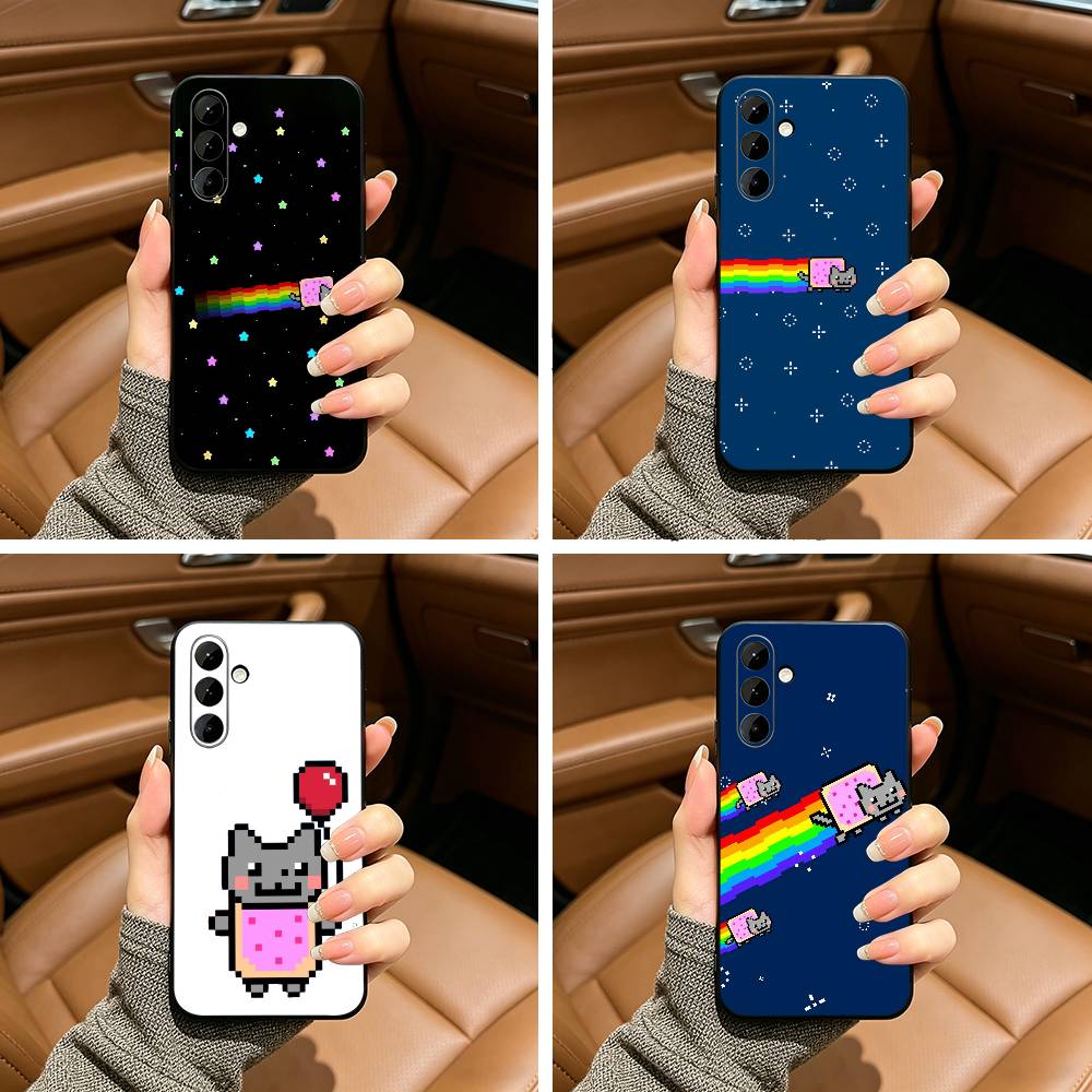 Cute N-Nyan -C-Cat Phone Case For Samsung Galaxy A73,A71 A72,A70,A53,A52,A51,Soft Silicone Black Cover