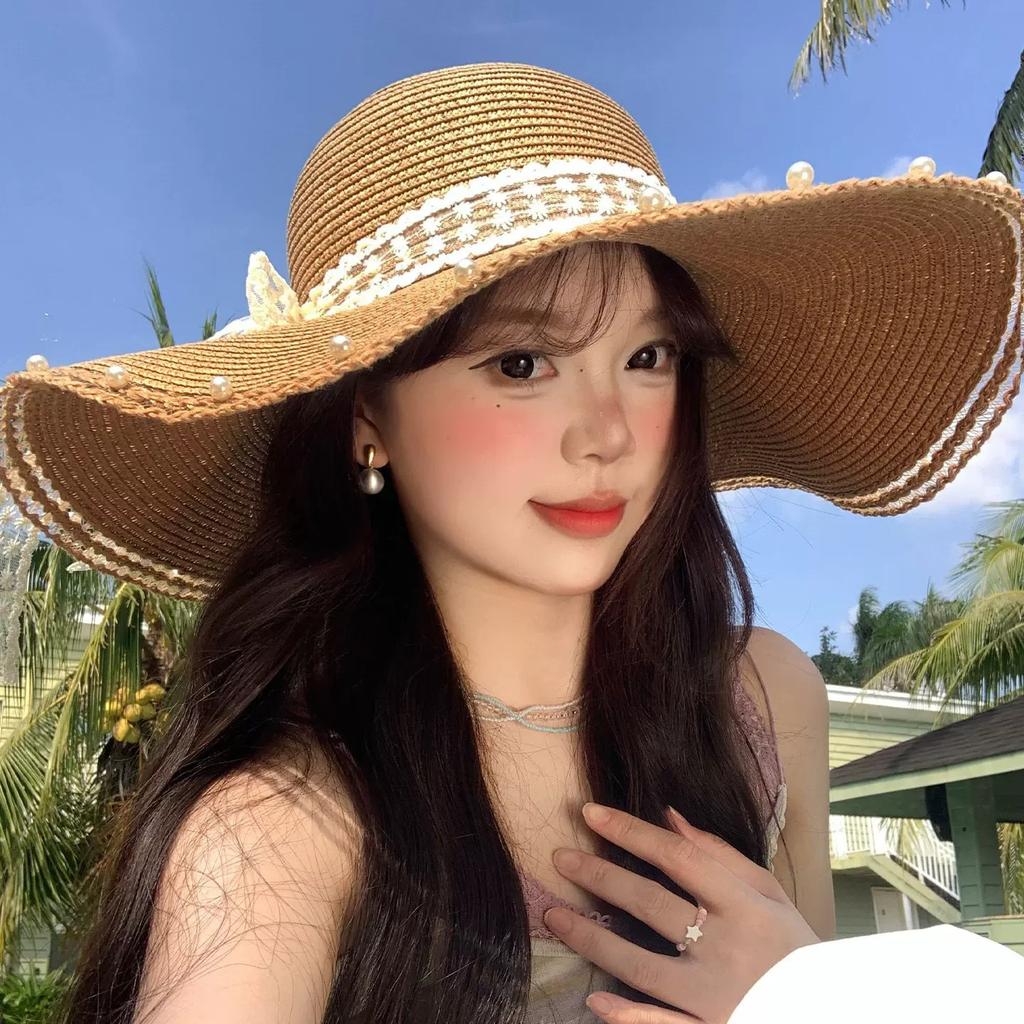 Lace straw hat women's summer bow large brim sunshade sun hat seaside vacation beach sun hat
